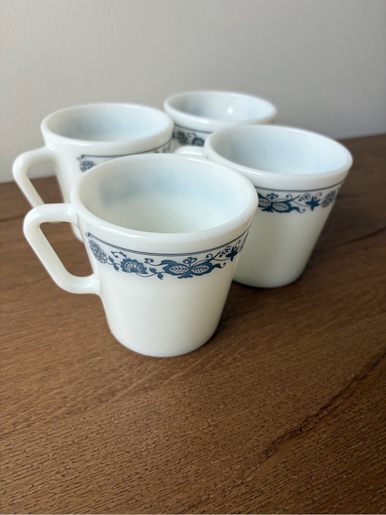 Pyrex Other - Pyrex White Milk Glass Mugs with Blue Floral Band - Set of 4